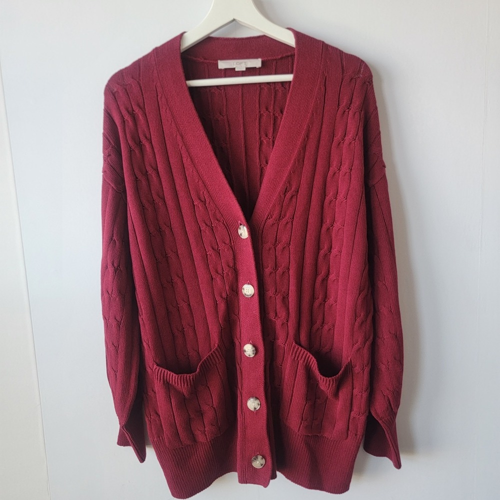 LOFT women's Cable Knit Cardigan Sweater size L Preppy Old Money Dark Academia